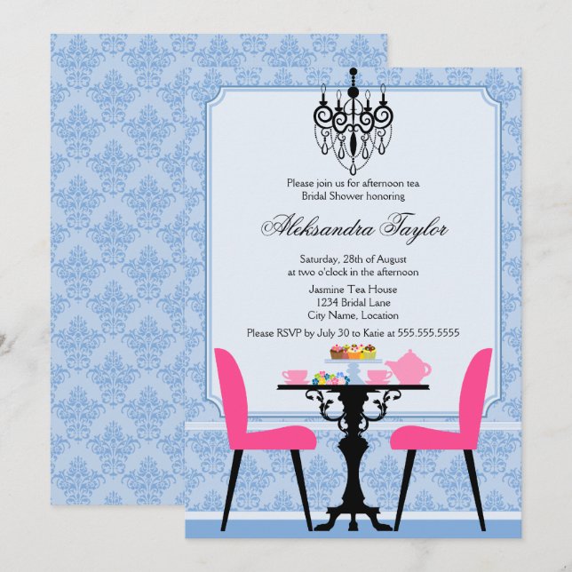 Convites Festa Elegante Damask e Chandelier Tea (Frente/Verso)