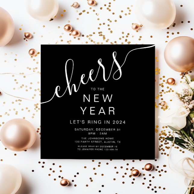 Convites Festa Elegante de Ano Novo (Elegant Black New Year's Eve Party Invitation)