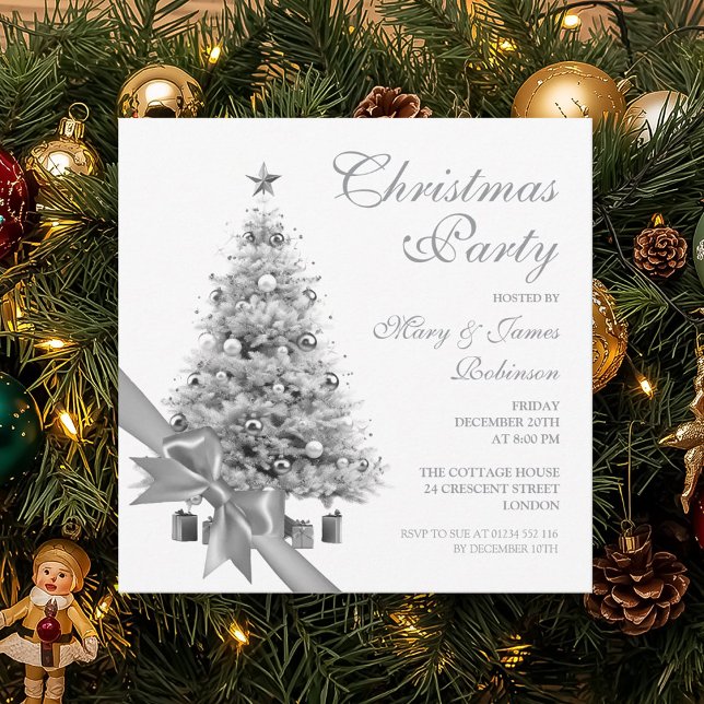 Convites Festa Elegante de Árvore de Natal e Arco (Elegant Silver Christmas Tree & Bow Holiday Party Invitation)