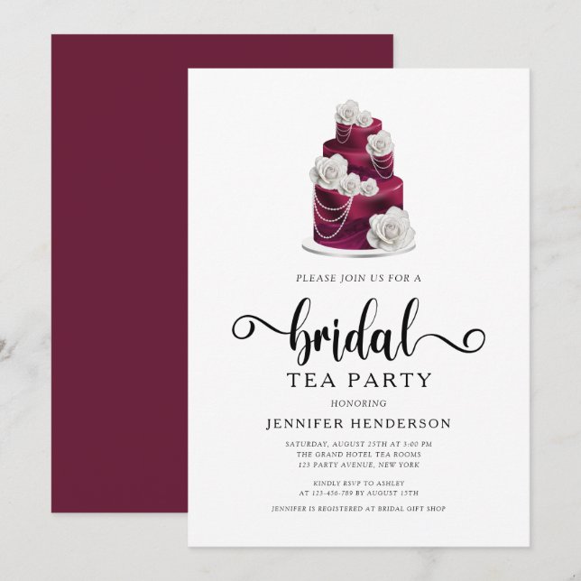Convites Festa Elegante de Casamento Burgundy Cake Bridal T (Frente/Verso)