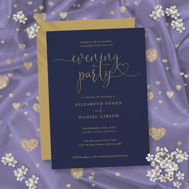 Convites Festa Elegante De Casamento De Marinhos E Escritos (Elegant Navy And Gold Script Wedding Evening Party Invitation)