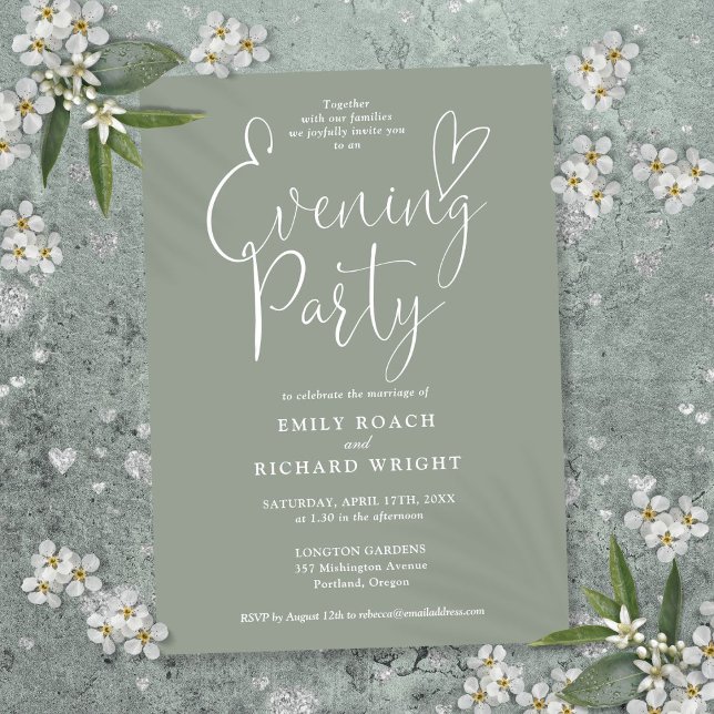 Convites Festa Elegante de Casamento Verde Sage da Noite (Elegant Script Sage Green Wedding Evening Party Invitation)