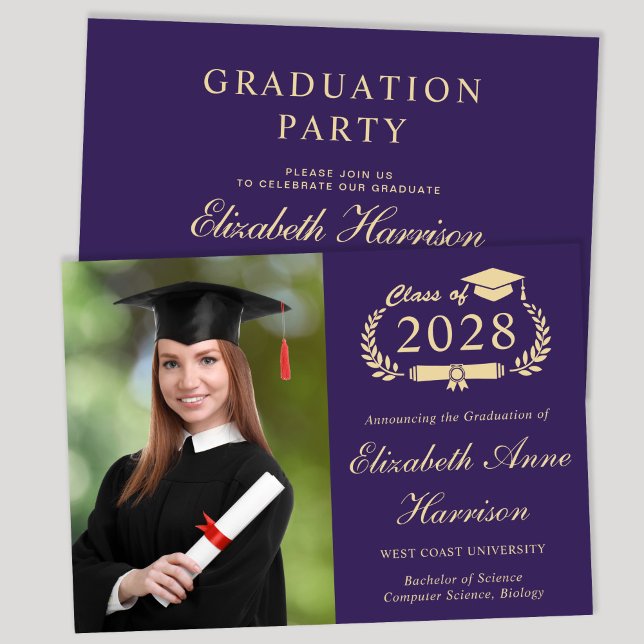 Convites Festa Elegante de Formandos Roxo (An elegant college graduation party invitation to celebrate the graduate's achievements)