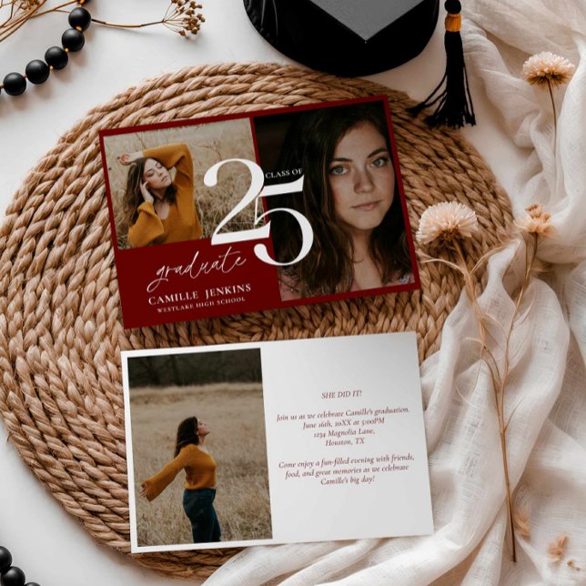 Convites Festa Elegante de Graduação Burgundy Classe 2025 (Burgundy Graduation Photo Card)