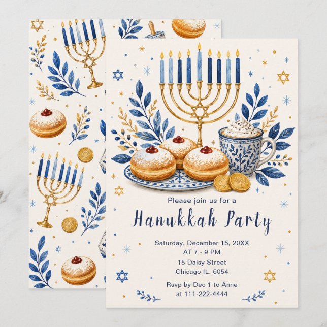 Convites Festa Elegante de Hanukkah (Frente/Verso)
