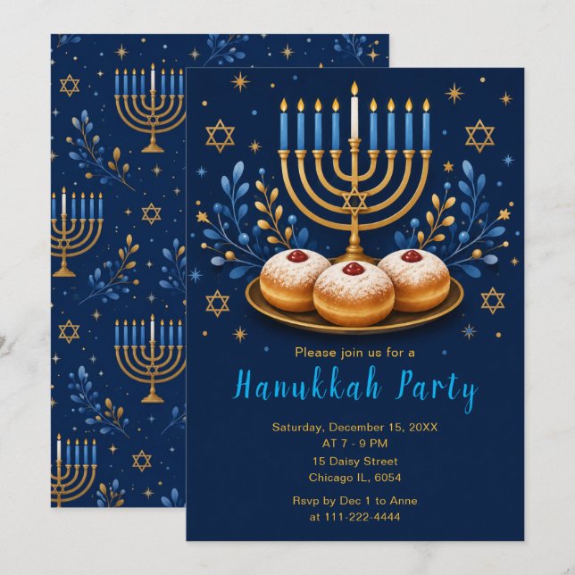 Convites Festa Elegante de Hanukkah (Frente/Verso)