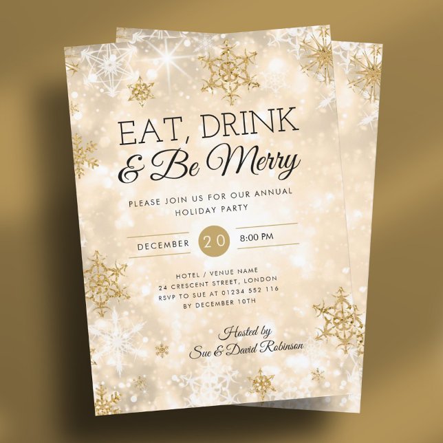 Convites Festa Elegante de Natal de Férias Douradas "Coma e (Elegant "Eat & Drink" Gold Holiday Christmas Party Invitation)