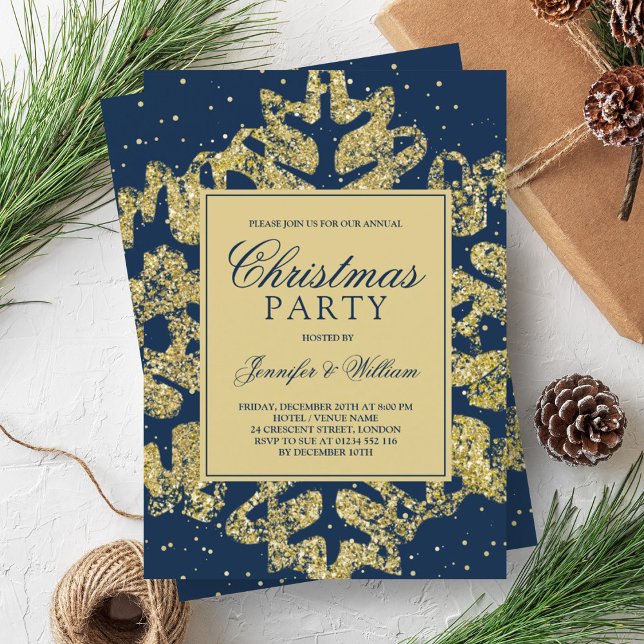 Convites Festa Elegante de Natal Elegante para Glitter de M (Gold & Navy Glitter Elegant Xmas Holiday Party Invitation)
