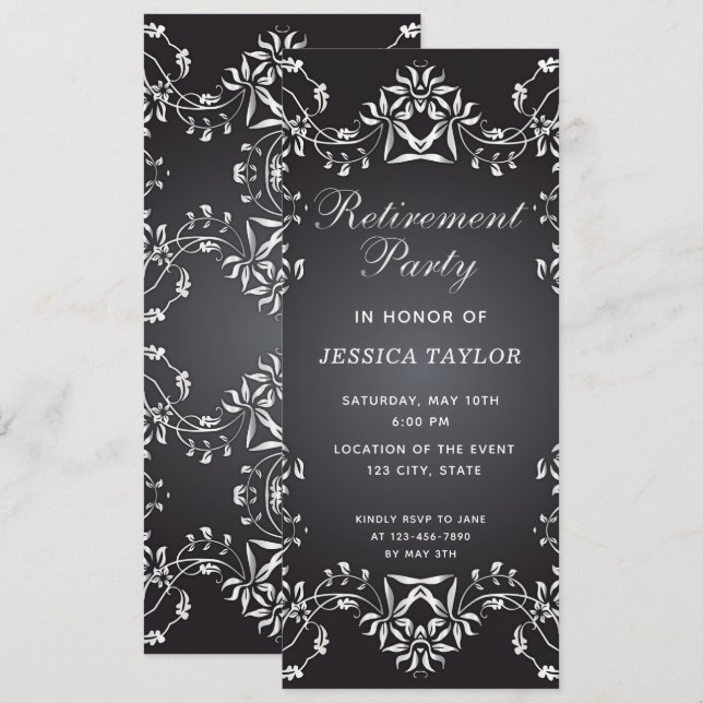 Convites Festa Elegante de Ornamentado Negro e Prateado (Frente/Verso)