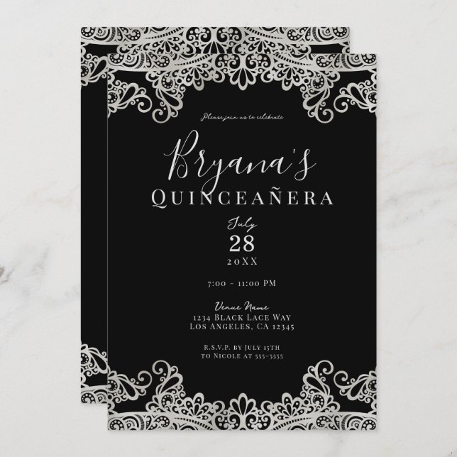 Convites Festa Elegante de Quinceñera, Lace Negro e Silver (Frente/Verso)