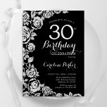 Convites Festa Elegante de Rosa de Prata Negra<br><div class="desc">Convite de festas floral de prata preta. Design elegante com rosas,  folha de falso prata e letra de script de tipografia. A Trendy convida o cartão perfeito para uma festa de na moda. Pode ser personalizado para qualquer idade. Impressos convites Zazzle ou modelo de impressão digital instantânea para download.</div>