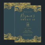 Convites Festa Elegante de Sweet 16 com Renda Dourada e Azu<br><div class="desc">Personalize para qualquer evento</div>