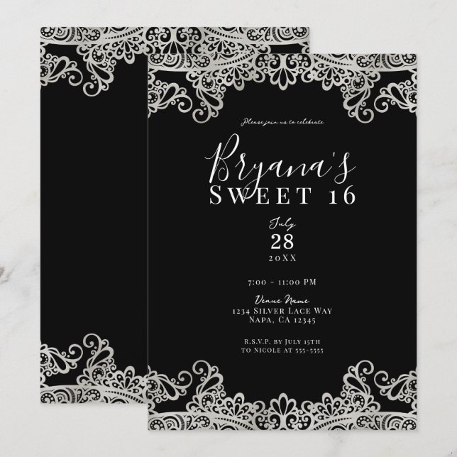 Convites Festa Elegante de Sweet 16 com Renda Preta e Prate (Frente/Verso)