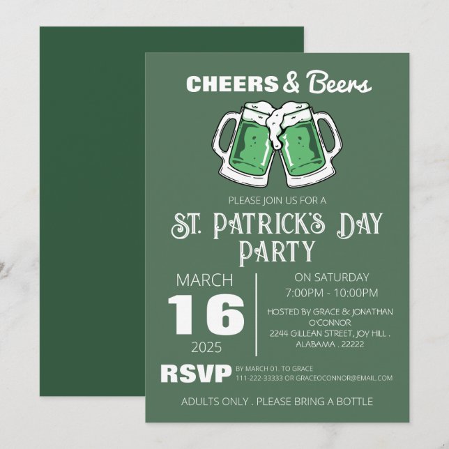 Convites Festa Elegante do Dia de São Patrício com Trevo Ve (Frente/Verso)