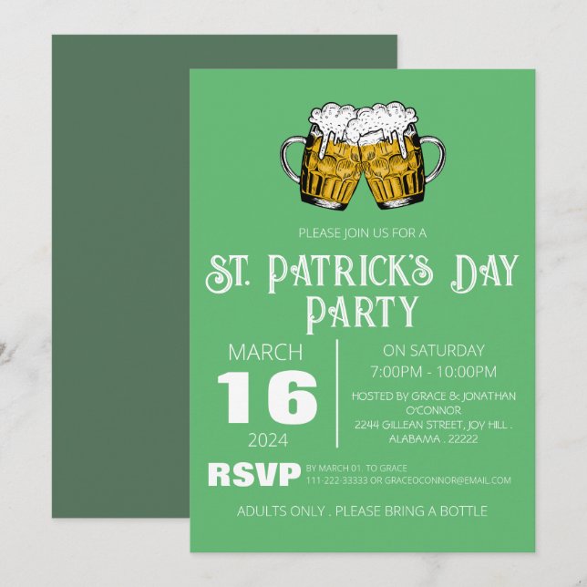 Convites Festa Elegante do Dia de São Patrício com Trevo Ve (Frente/Verso)