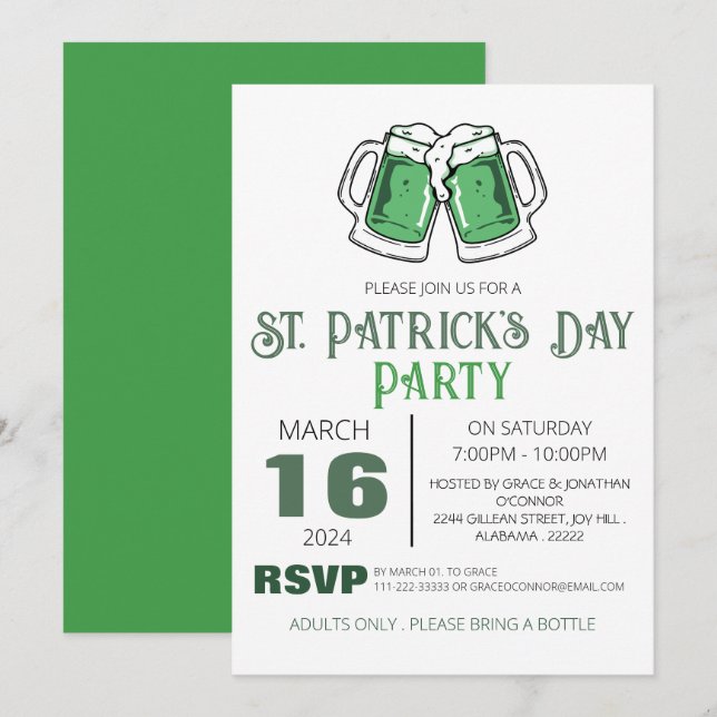 Convites Festa Elegante do Dia de São Patrício com Trevo Ve (Frente/Verso)