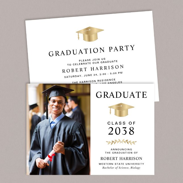 Convites Festa Elegante do Formandos Dourado Branco (An elegant college graduation party invitation to celebrate the graduate's achievements)