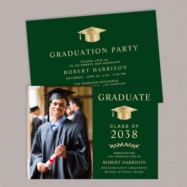 Convites Festa Elegante do Formandos Verde Dourado (An elegant college graduation party invitation to celebrate the graduate's achievements)