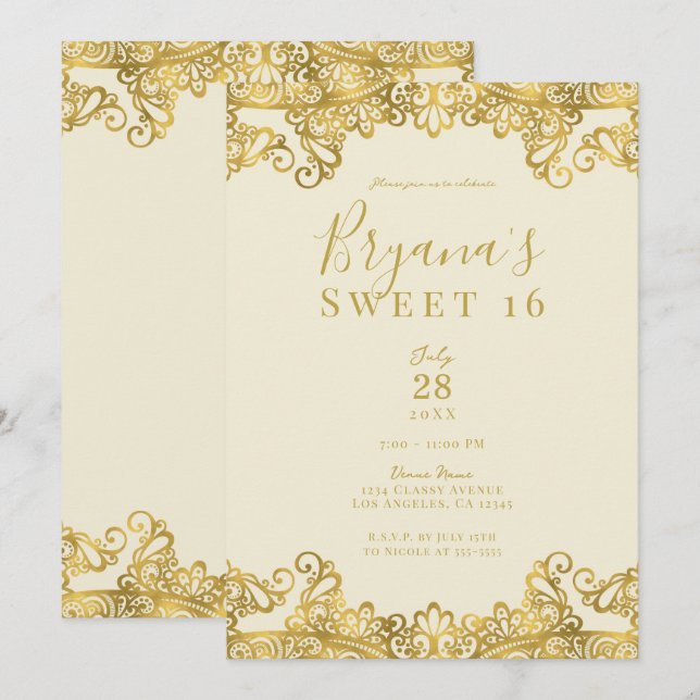 Convites Festa Elegante Doce 16 Marfim Creme & Renda Dourad (Frente/Verso)