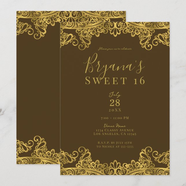 Convites Festa Elegante Doce 16 Marrom e Dourado Com Renda  (Frente/Verso)