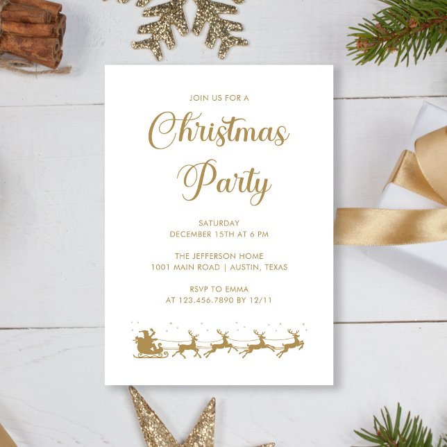 Convites Festa Elegante Dourada de Natal Personalizada (Personalized Elegant Gold White Christmas Party Invitation)