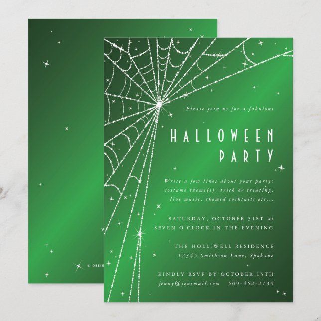 Convites Festa Elegante Verde Espelhante na Web Halloween (Frente/Verso)