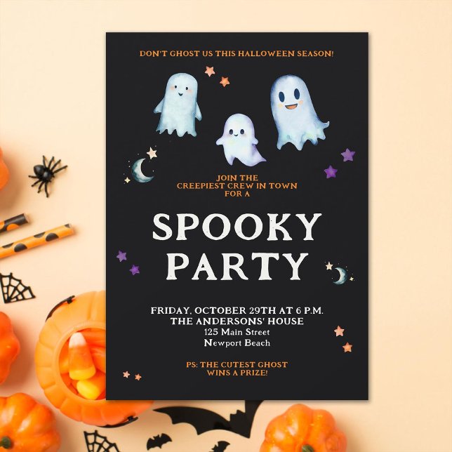 Convites Festa em casa da família das estrelas da lua do Ha (Halloween family home party invitation cute ghosts black orange purple spooky funny fun simple clean)