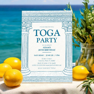 Convites Festa em Toga Grega em azul com colunas elegantes