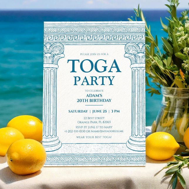 Convites Festa em Toga Grega em azul com colunas elegantes (Criador carregado)