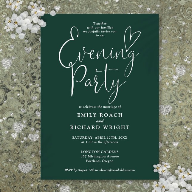 Convites Festa Emerald Green Script Wedding Noite (Emerald Green Script Wedding Evening Party Invitation)