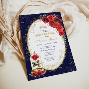 Convites Festa Enchanted Red Roses Navy Gold Quinceañera