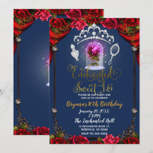 Convites Festa Enchanted Rose Beauty Sweet 16 Azul Dourado