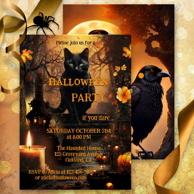 Convites Festa Engraçado do Gato e Raven Halloween (Halloween party invitation featuring a cute black cat in a  graveyard scene with a festive candle)