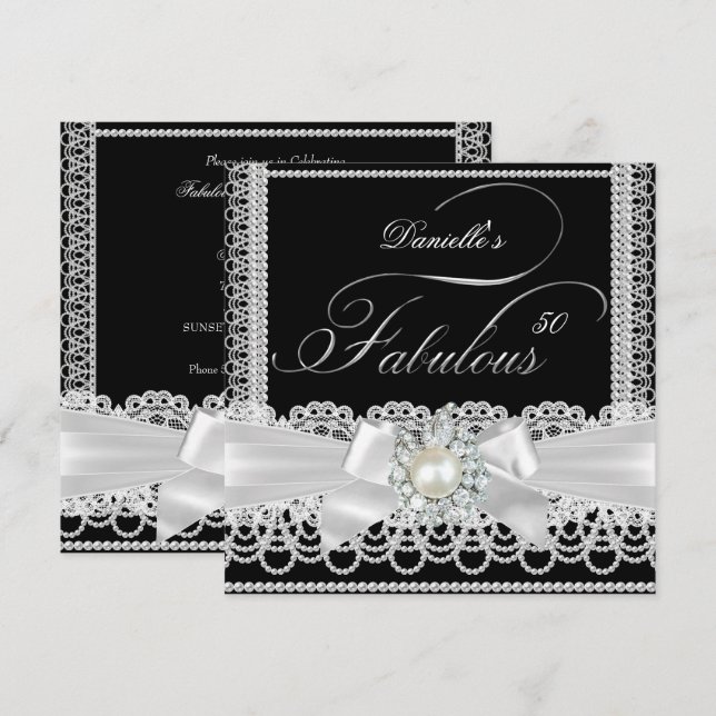 Convites Festa Fabulosa Laço de Renda Preto e Branco Pérola (Frente/Verso)