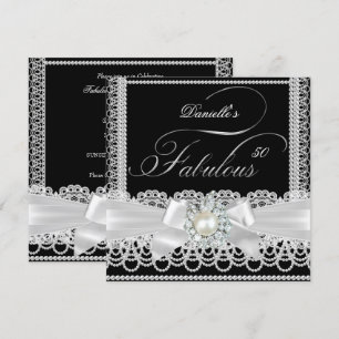 Convites Festa Fabulosa Laço de Renda Preto e Branco Pérola