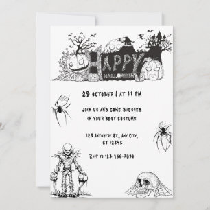Convites Festa Feliz de Halloween em Preto e Branco Assusta