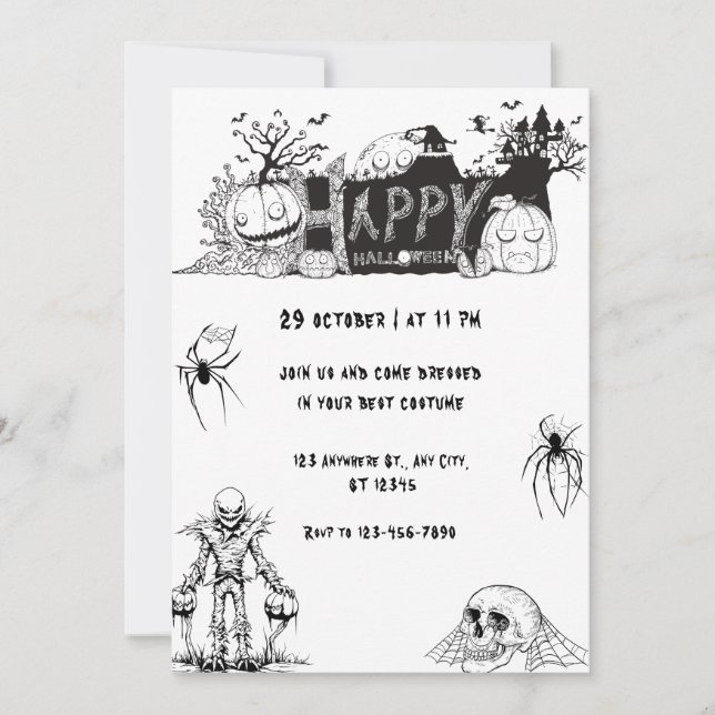 Convites Festa Feliz de Halloween em Preto e Branco Assusta (Frente)