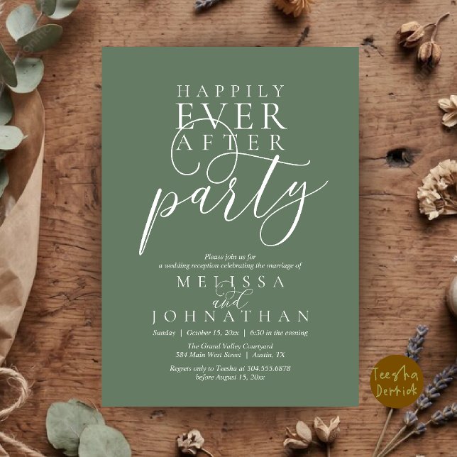 Convites Festa Feliz para Sempre, Casamento Clássico Modern (Happily Ever After Party, Modern Classy Wedding Invitation Card in Sage Green)