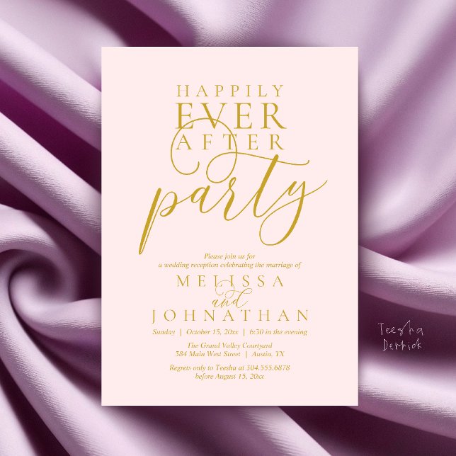 Convites Festa Feliz para Sempre, Casamento Moderno e Elega (Happily Ever After Party, Modern Classy Wedding Invitation Card in Gold and Blush)