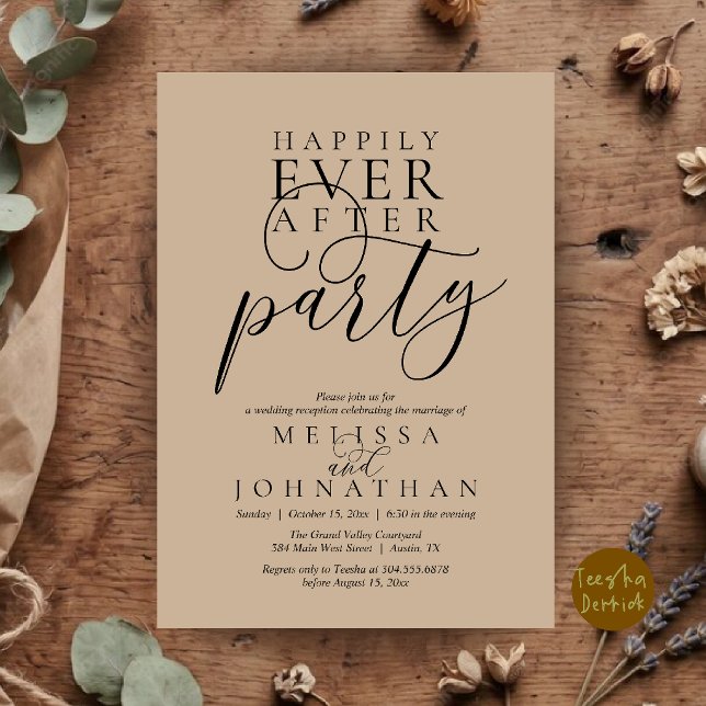 Convites Festa Feliz para Sempre, Casamento Moderno e Elega (Happily Ever After Party, Modern Classy Wedding Invitation Card in Brown Tan)