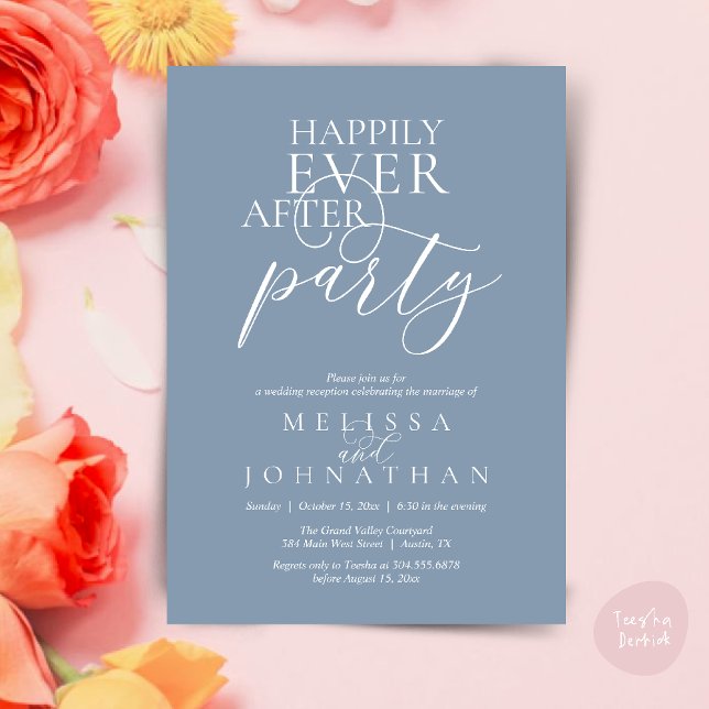 Convites Festa Feliz para Sempre, Casamento Moderno e Elega (Happily Ever After Party, Modern Classy Wedding Invitation Card PDF Dusty Blue)