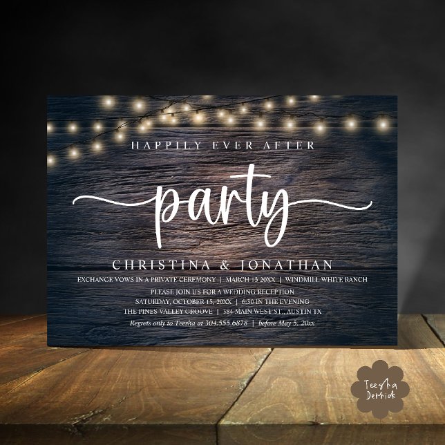 Convites Festa Feliz para Sempre, Casamento Rústico (Happily Ever After party, Rustic Wedding reception Invitation Card string lights dark wood)