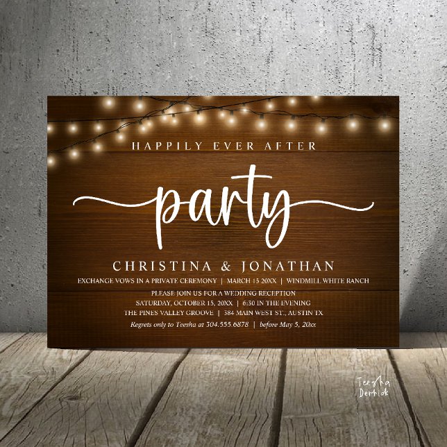 Convites Festa Feliz para Sempre, Casamento Rústico (Happily Ever After party, Rustic Wedding reception Invitation Card string lights brown wood)