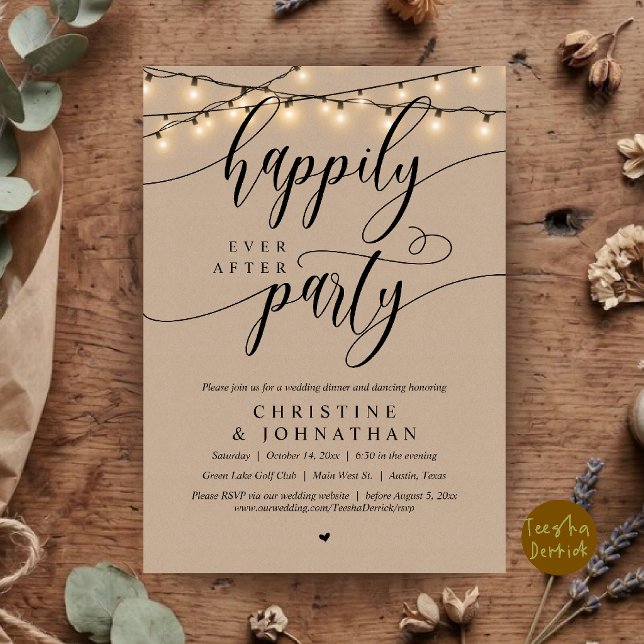 Convites Festa Feliz para Sempre, Casamento Rústico e Fuga  (Happily Ever After Party, Rustic Wedding Elopement Invitation Card in Brown Kraft Farmhouse)