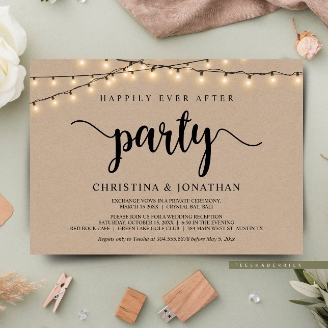 Convites Festa Feliz para Sempre, Elopamento com Luzes de C (Happily Ever After Elopement Party, Cottage String Lights Brown Kraft, Post Wedding Invites Cards.)
