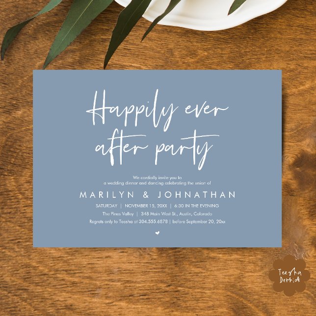 Convites Festa Feliz para Sempre, Jantar de Casamento com D (Happily Ever After Party, Wedding Dinner Dancing Invitation Card in Dusty Blue)