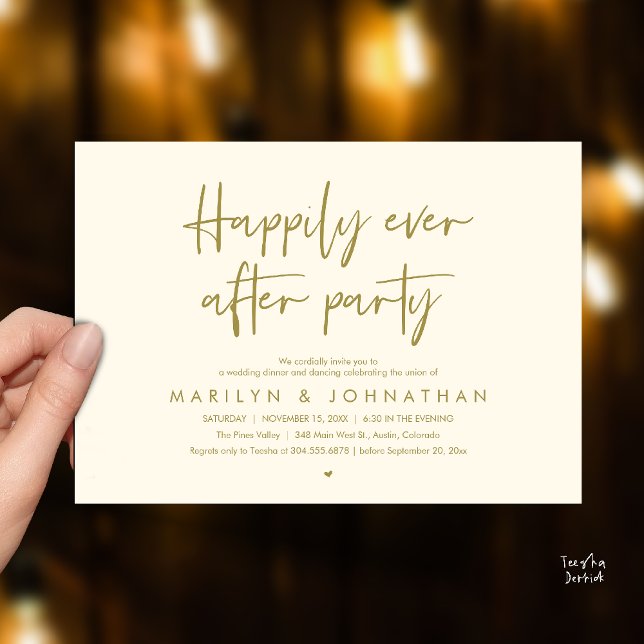 Convites Festa Feliz para Sempre, Jantar de Casamento com D (Happily Ever After Party, Wedding Dinner Dancing Invitation Card in Yellow Gold)