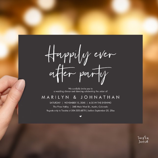 Convites Festa Feliz para Sempre, Jantar de Casamento com D (Happily Ever After Party, Wedding Dinner Dancing Invitation Card in Charcoal Grey)