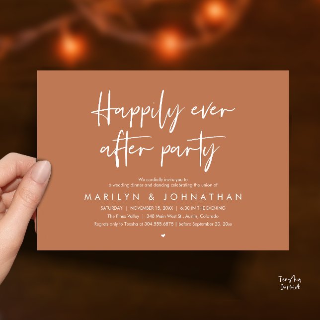 Convites Festa Feliz para Sempre, Jantar de Casamento com D (Happily Ever After Party, Wedding Dinner Dancing Invitation Card in Terracotta Brown)