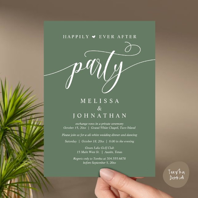 Convites Festa Feliz para Sempre, Jantar de Casamento com D (Happily Ever After Dinner, Wedding Party Dancing Invitation Card PDF Modern Rustic Greenery Sage)